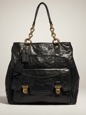 Coach Poppy Camellia Pushlock Leather Shoulder Tote Glossy Black Pink Gold Bow